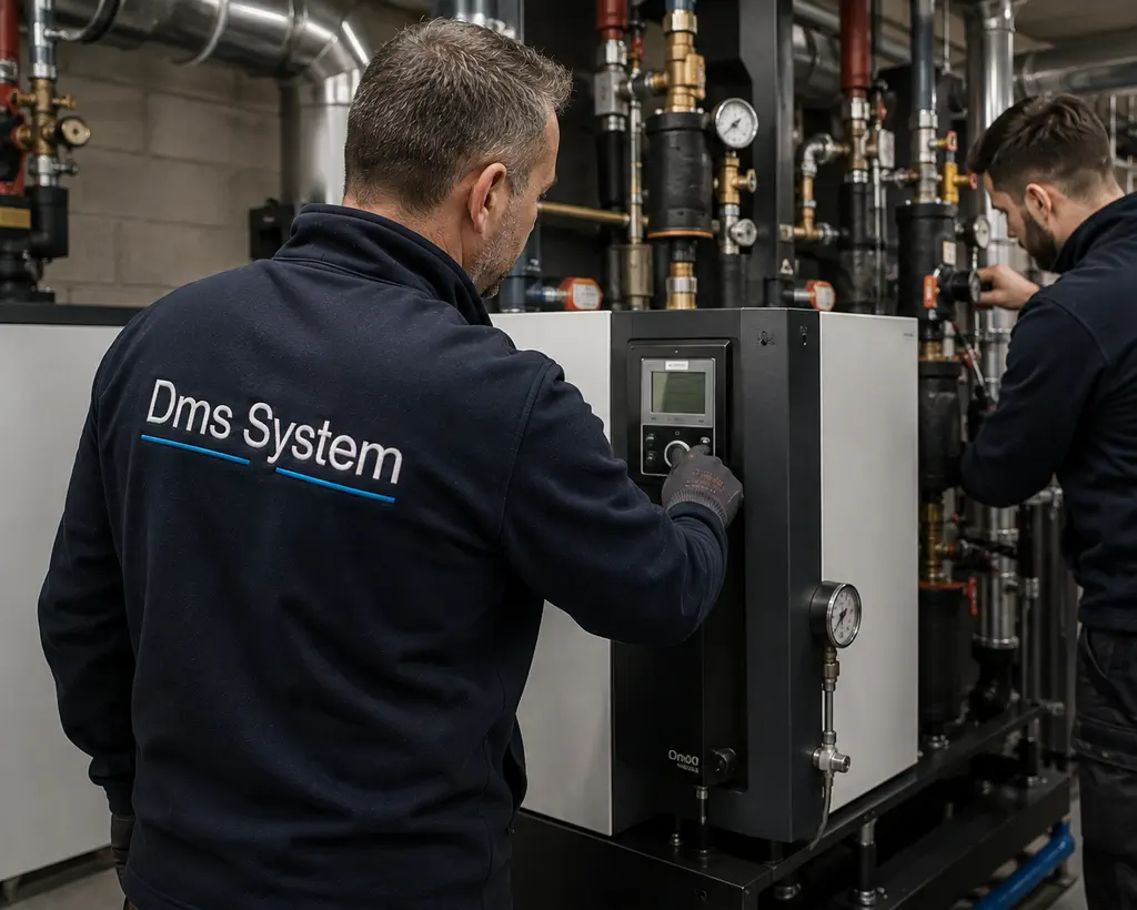 Deux techniciens DMS System en intervention sur une chaufferie collective